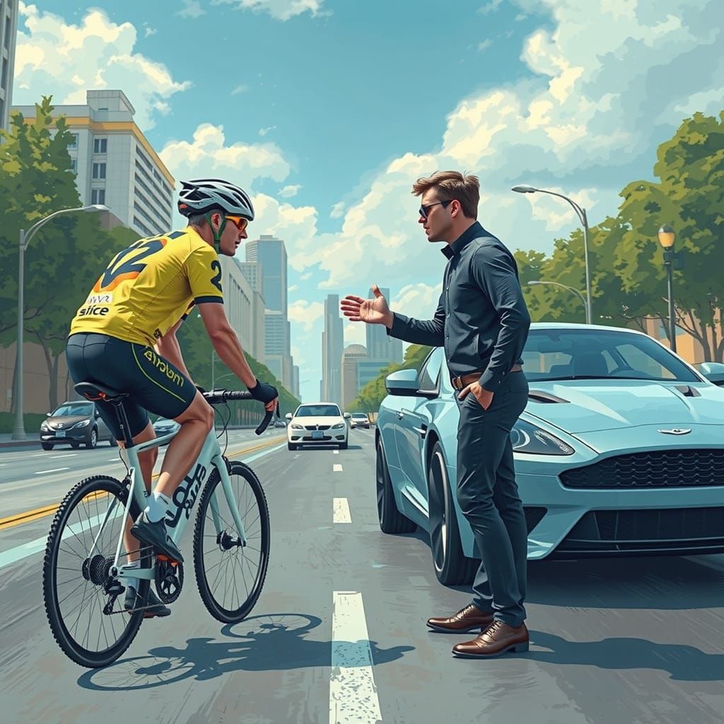 Cyclist vs Motorist Argument on Wet City Street
