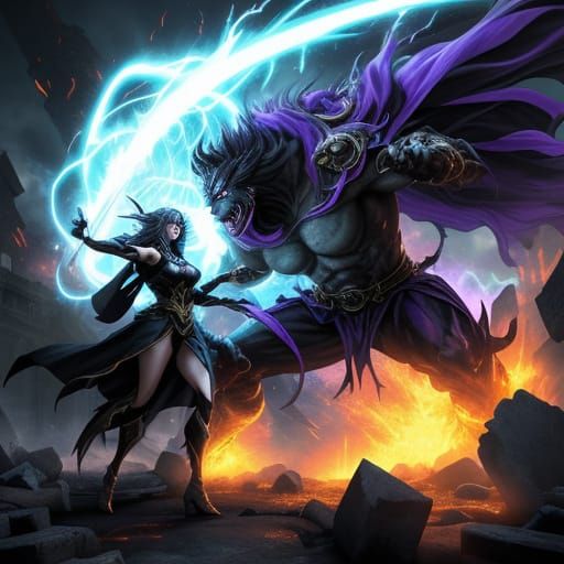 Anime Sorceress Battles Monstrous Beast in Ruins