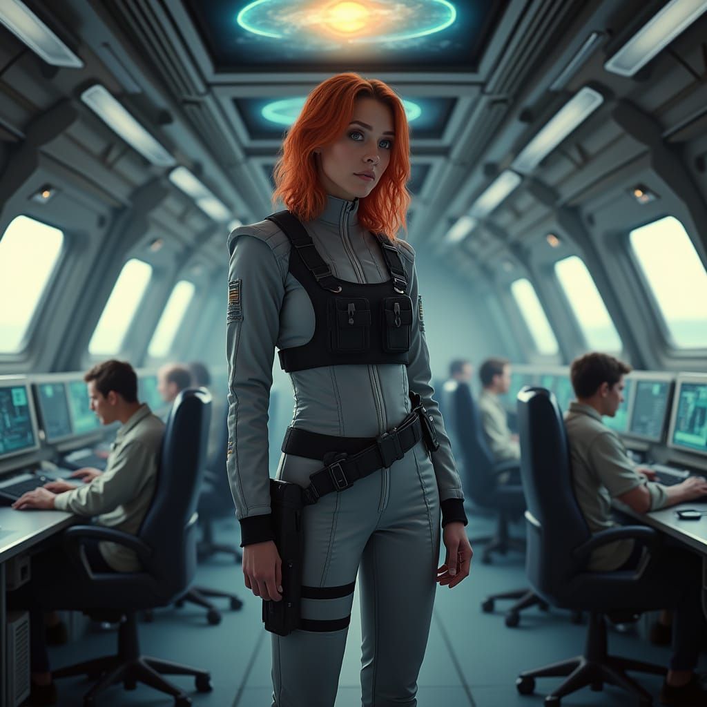 Realistic Portrait of Red-Haired Woman in Spaceship Cockpit