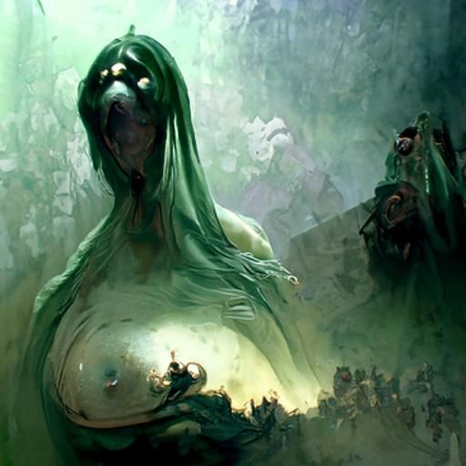 Ethereal Woman Emerges from Green Mist, Horror Art