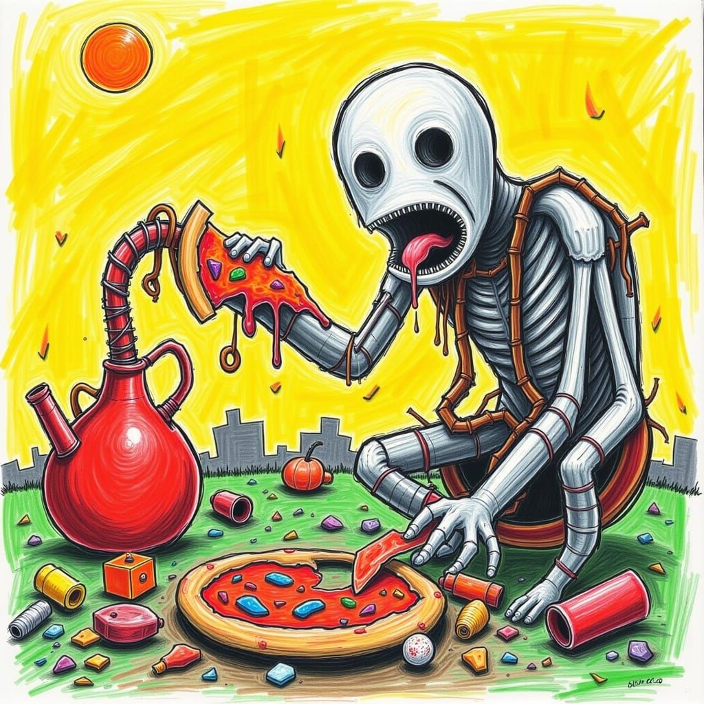 Marshmallow Man Eats Pizza with Spoon