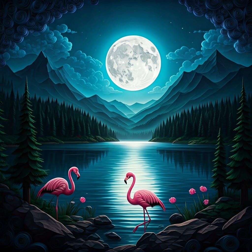 Paper Quilling Moonlit Lake with Pink Flamingos