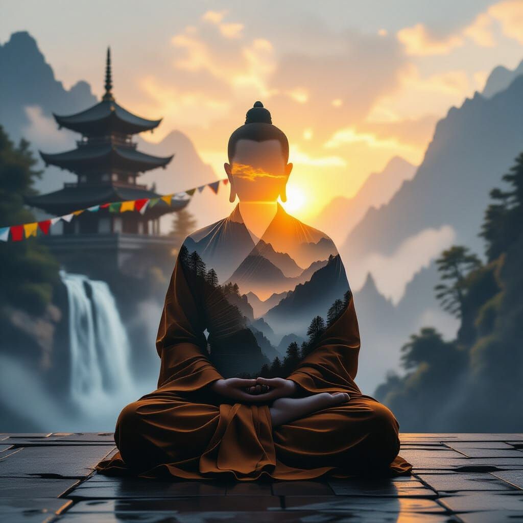 Buddhist Monk Meditation Double Exposure with Mountain Templ...