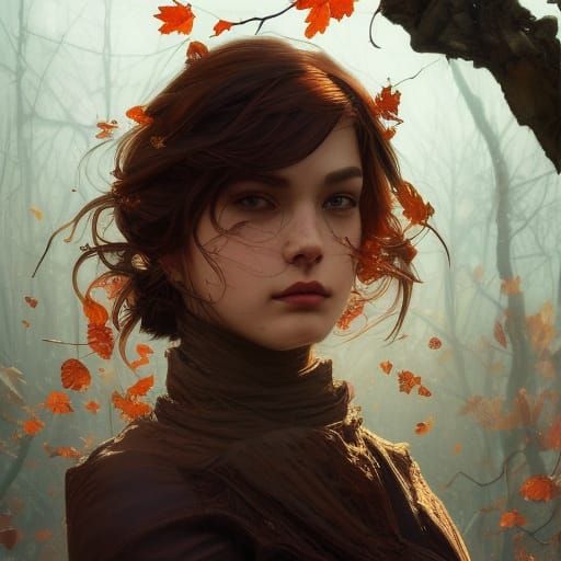 Detailed Autumn Leaf Portrait in Art Nouveau Style