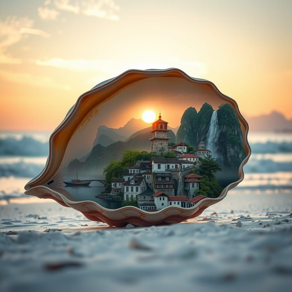 A hyper detailed, hyper-realistic photo of a huge seashell c...