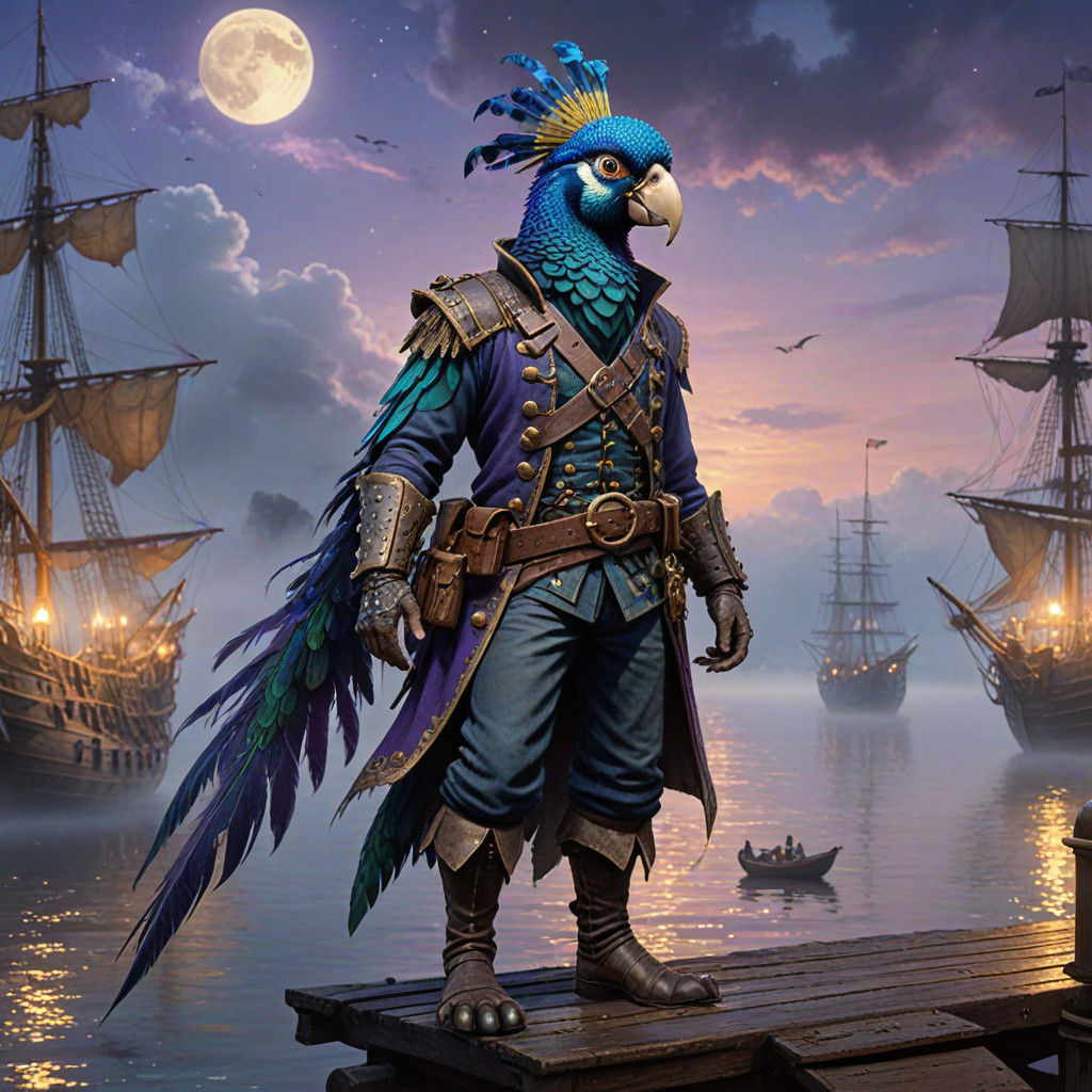 Ethereal Pirate on Moonlit Dock, Peacock Aliens and Parrots