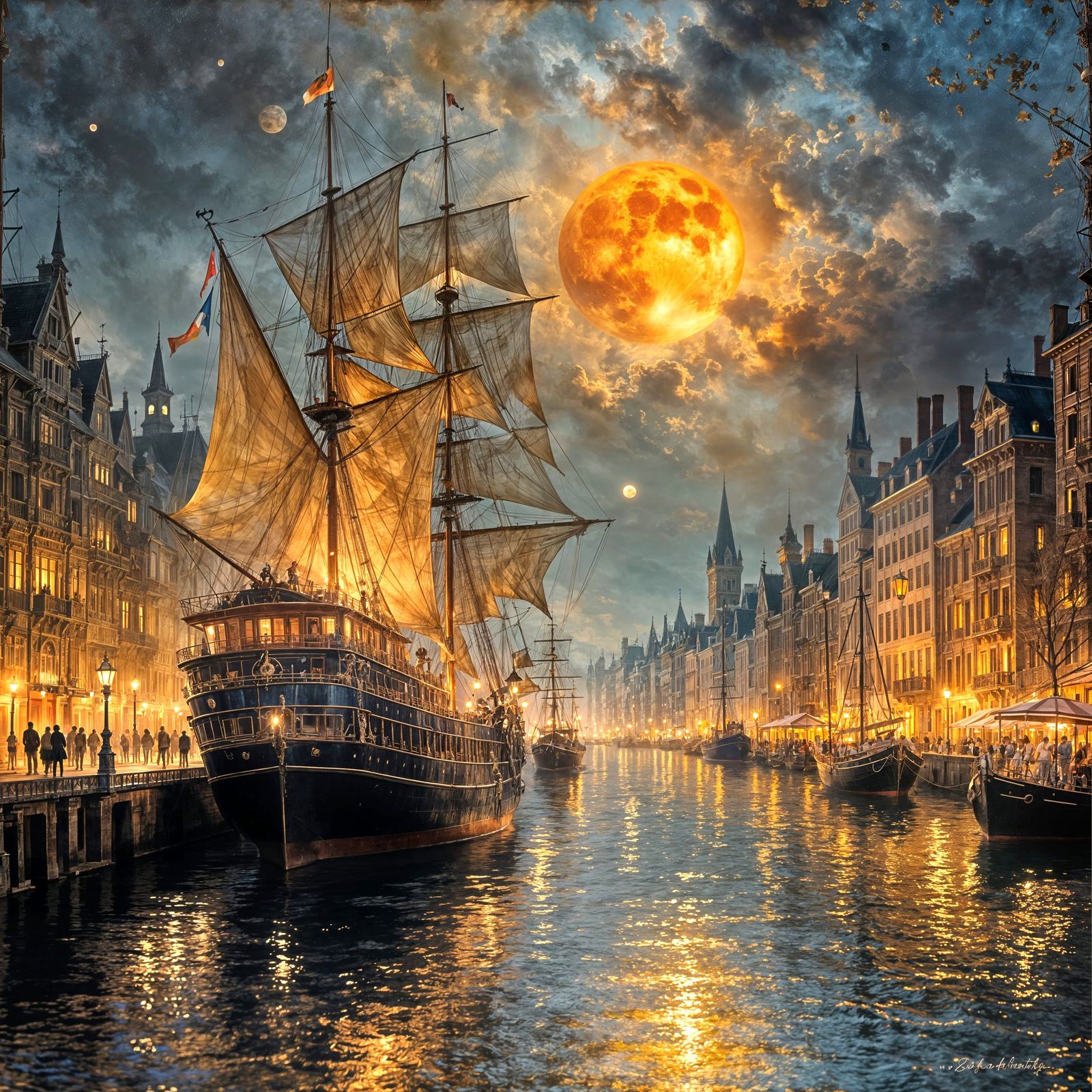 Grand Sailing Ship at Night in a Vibrant Harbor