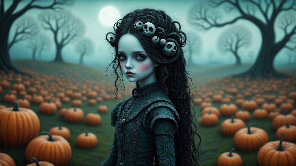 Eerie Girl in Foggy Pumpkin Patch Under Full Moon