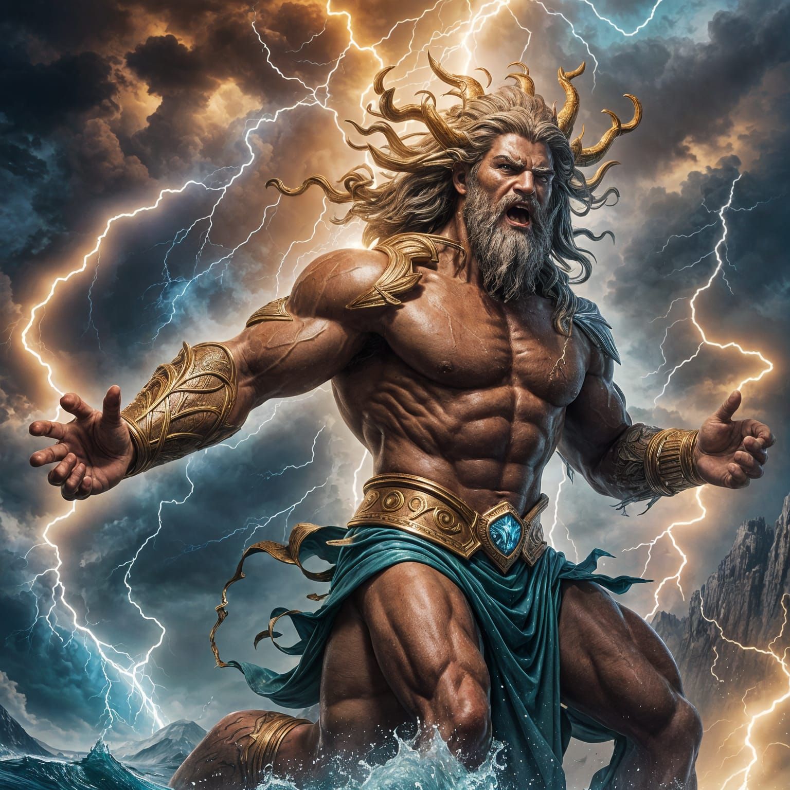 Zeus Throws Lightning at Poseidon: Fantasy Art