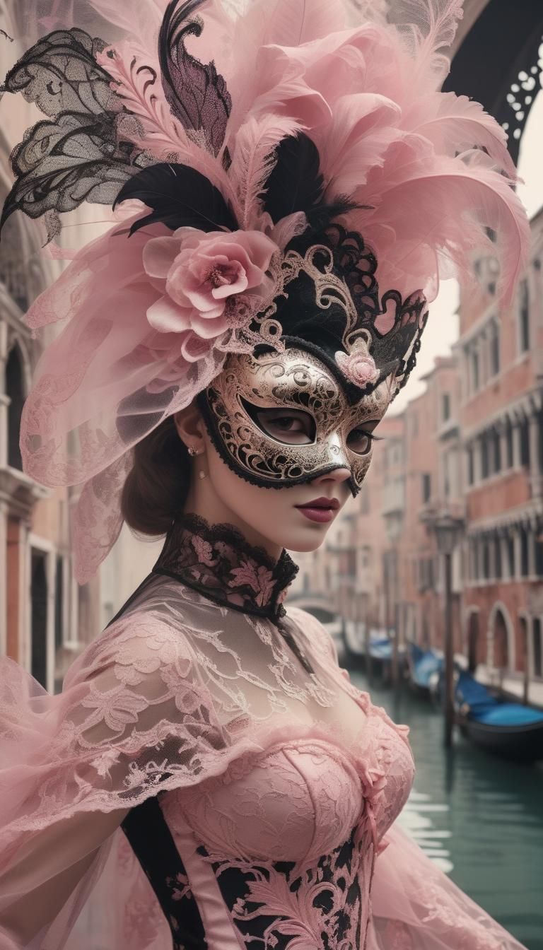 Venetian Masked Woman: Double Exposure Glamour in Venice