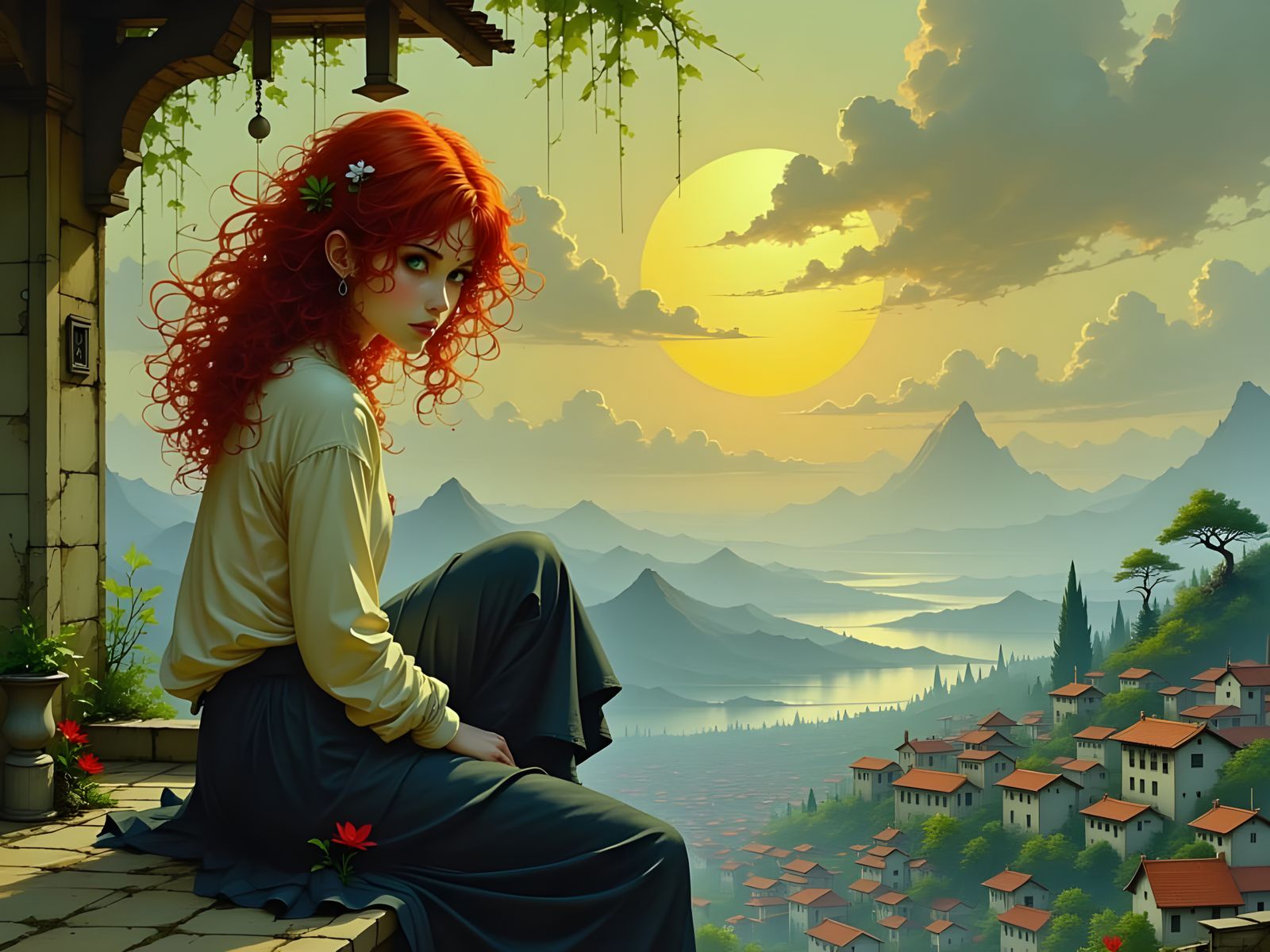 The woman with red hair sits on the terrace overlooking the ...