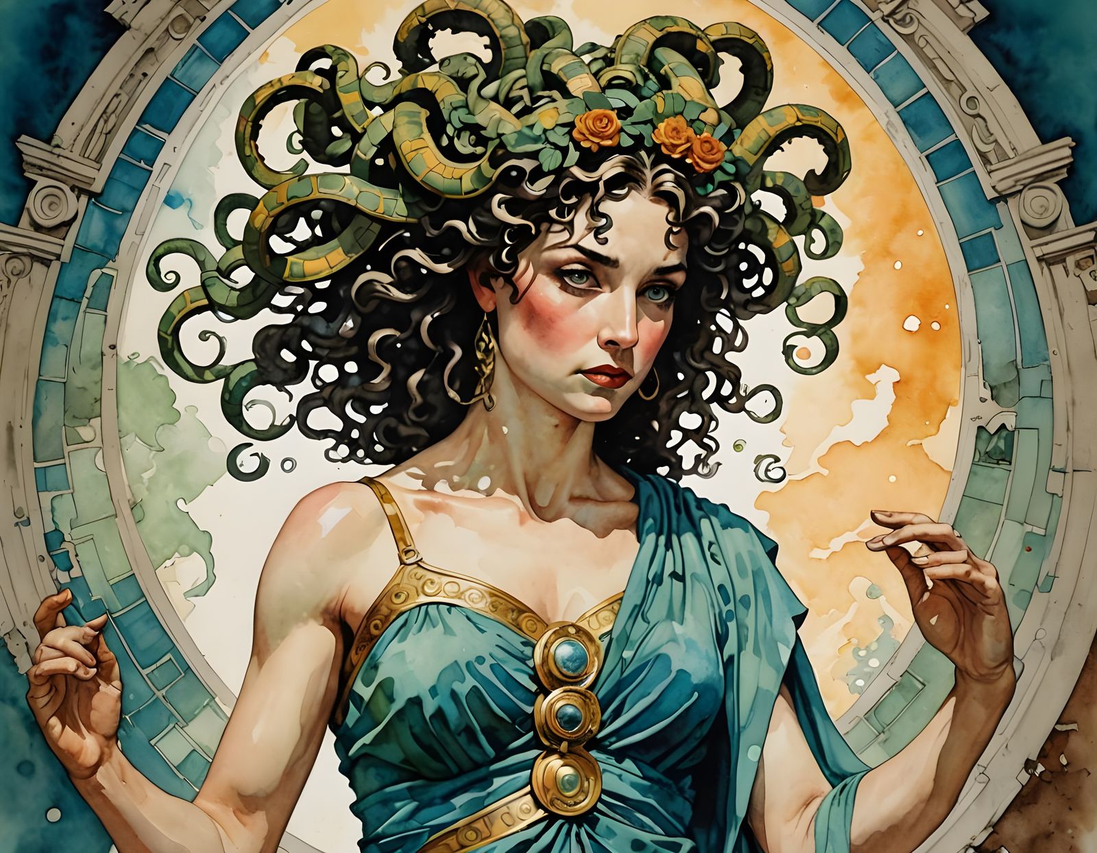 Goddess Medusa Confronts with Piercing Gaze in Retro-Inspire...