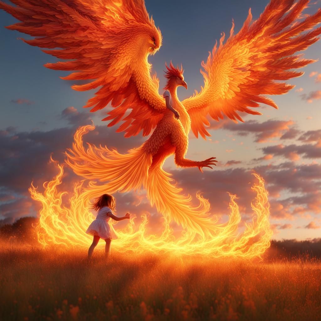 Girl and Phoenix in Meadow: Golden Hour Lighting