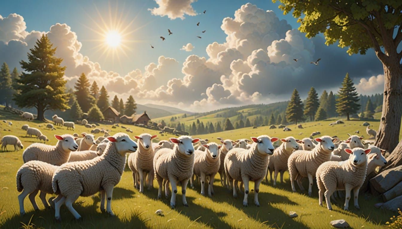 Sheep Reads Bible Before Wolves in Heavenly Light