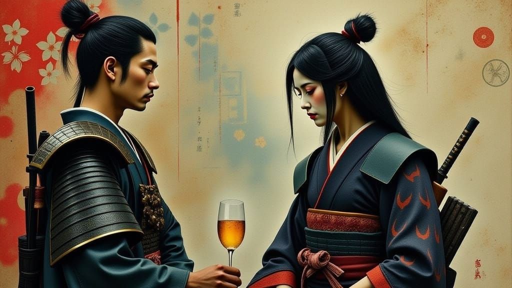 Ancient Japan Samurai and Geisha Embracing in Harmony