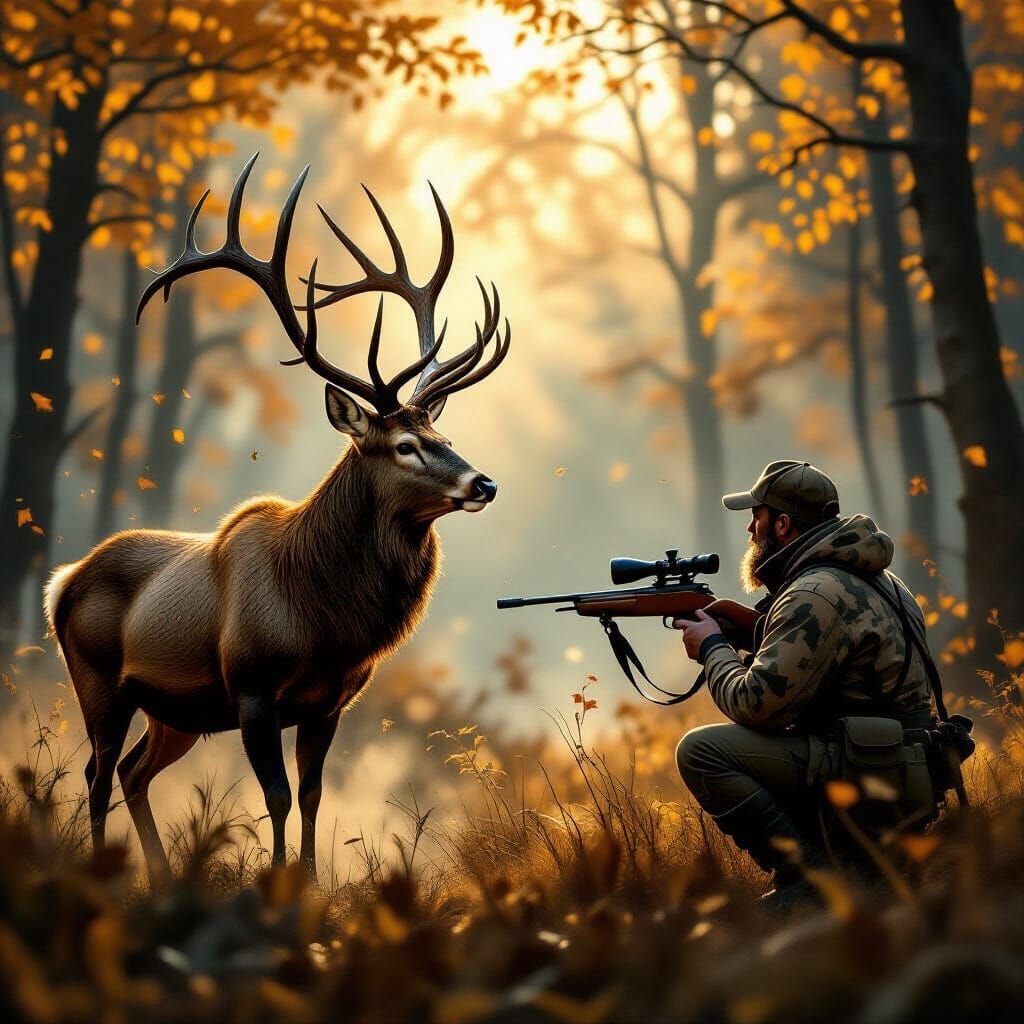 Majestic Stag Confronts Hunter in Autumn Forest