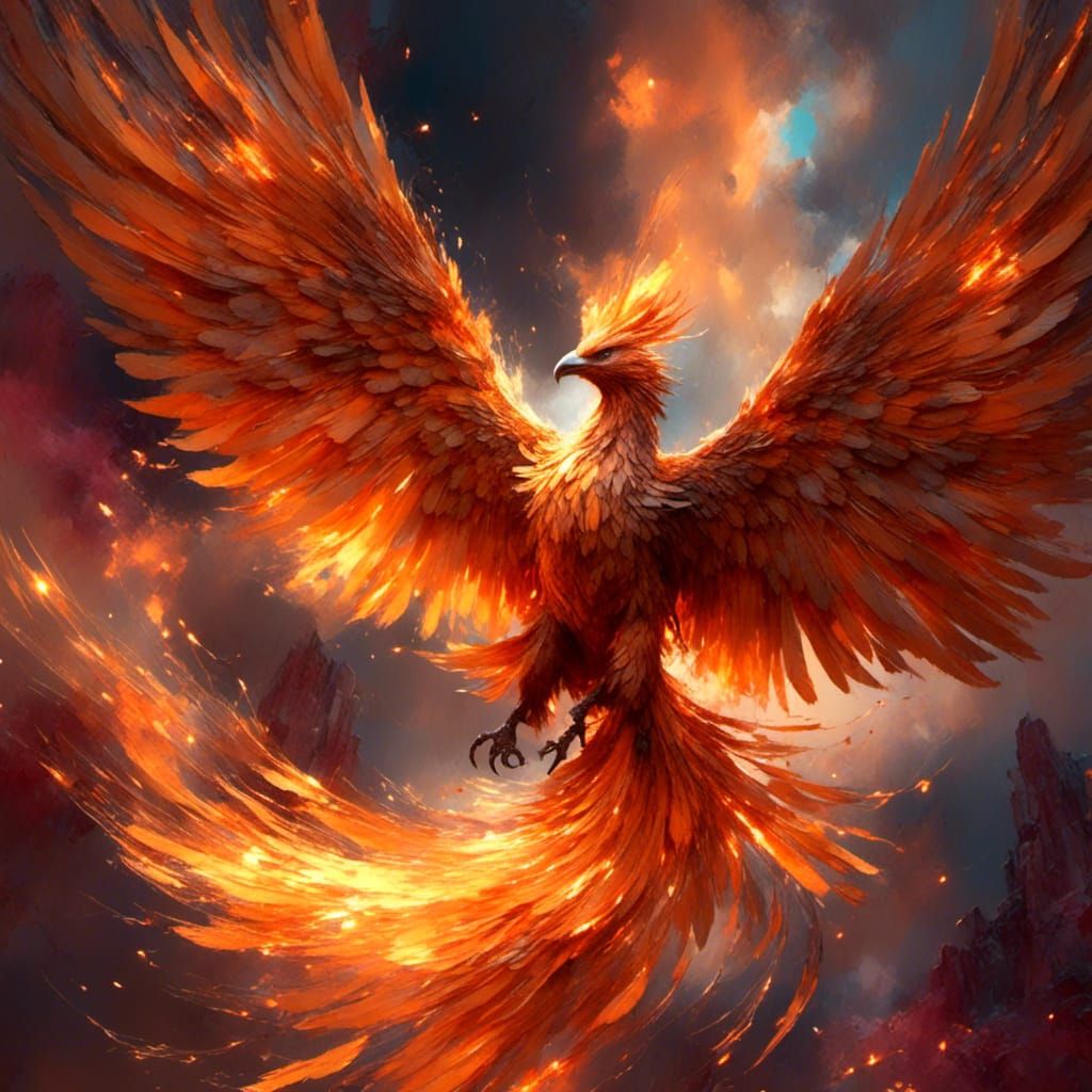 Fiery Phoenix Spreads Flaming Wings in Magical Realism