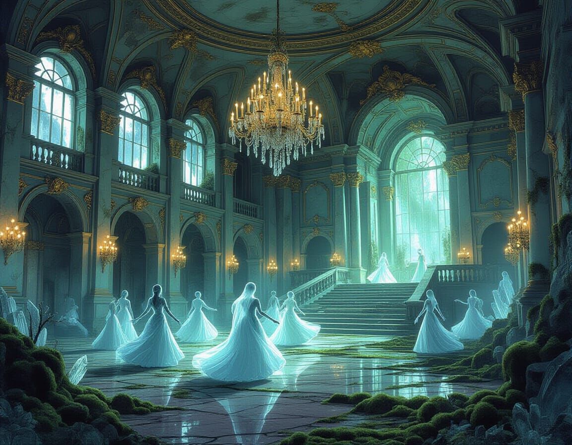 Ethereal Ballroom Reclaimed by Bioluminescent Flora and Ghos...