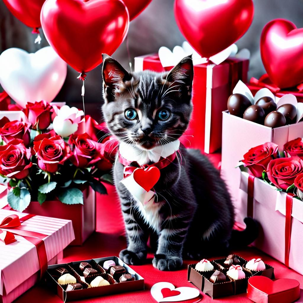 Valentines Kitten Surrounded by Chocolates and Roses