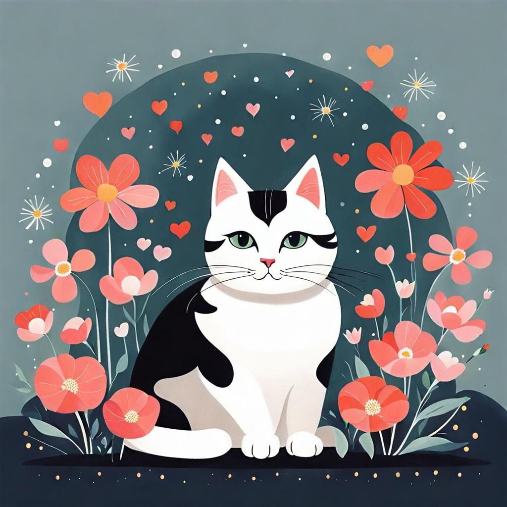 Cat on Pillow Surrounded by Flowers, Cartoon Style