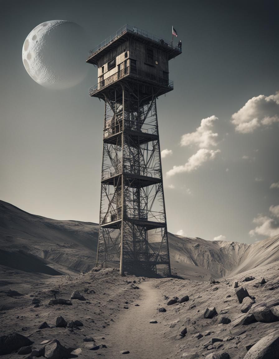 Gritty Hyperrealistic Watchtower on the Moon