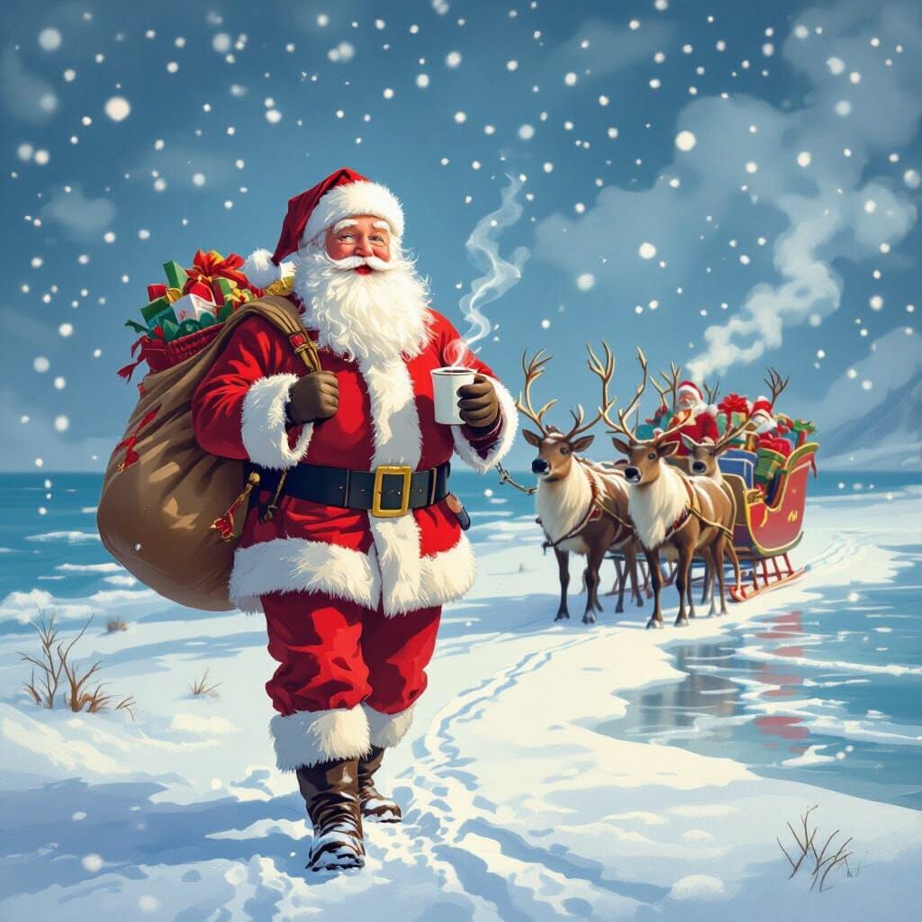 Smiling Santa Walks Snowy Shoreline in Gentle Snowfall