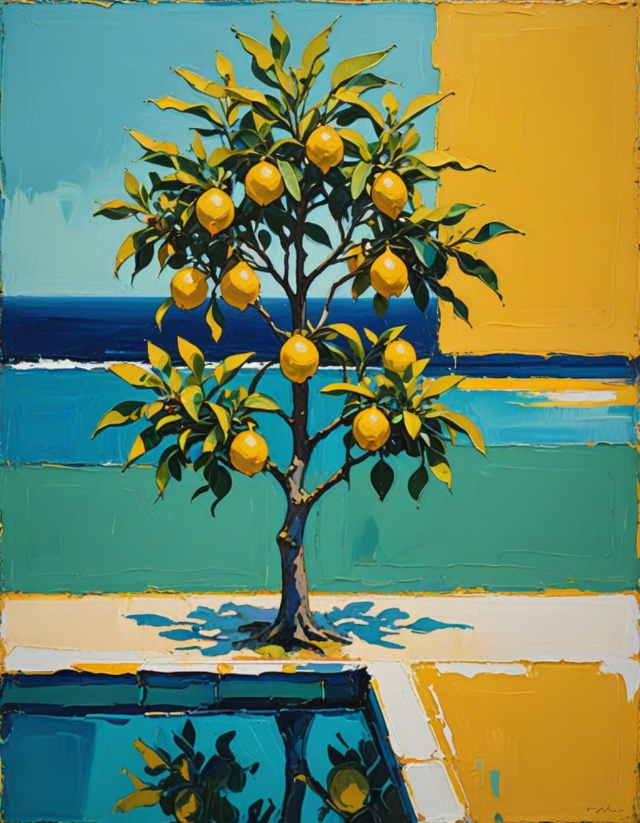 Abstract Expressionist Lemon Tree by Pool and Ocean