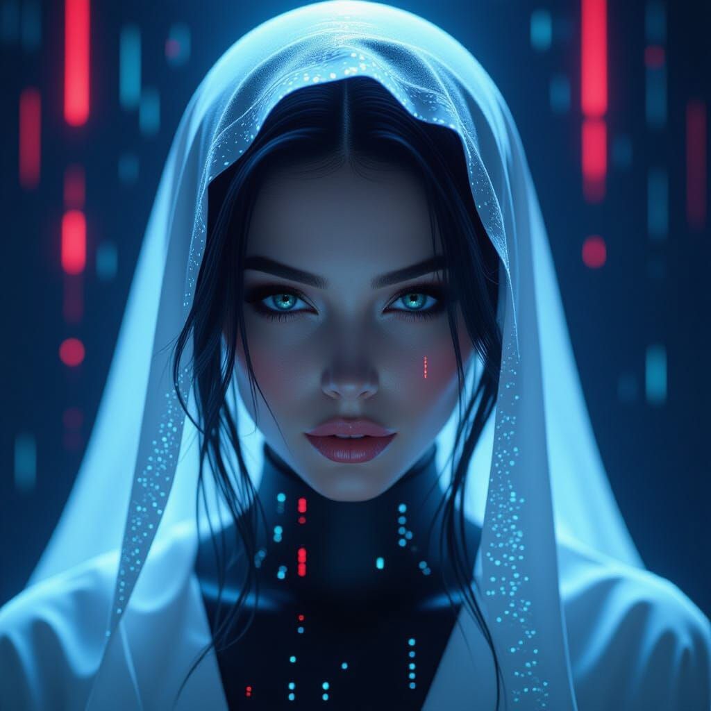 Ethereal Digital Ghost Woman in Neon Cyberpunk Style