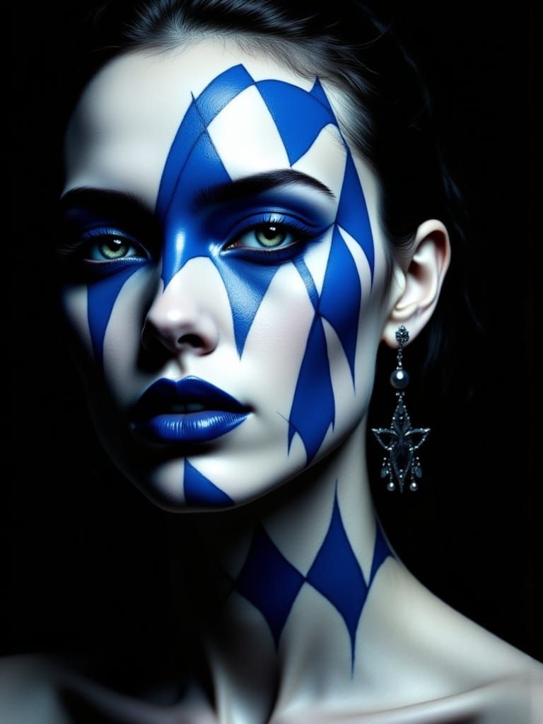 Geometric Blue Face Paint in Surrealist Style