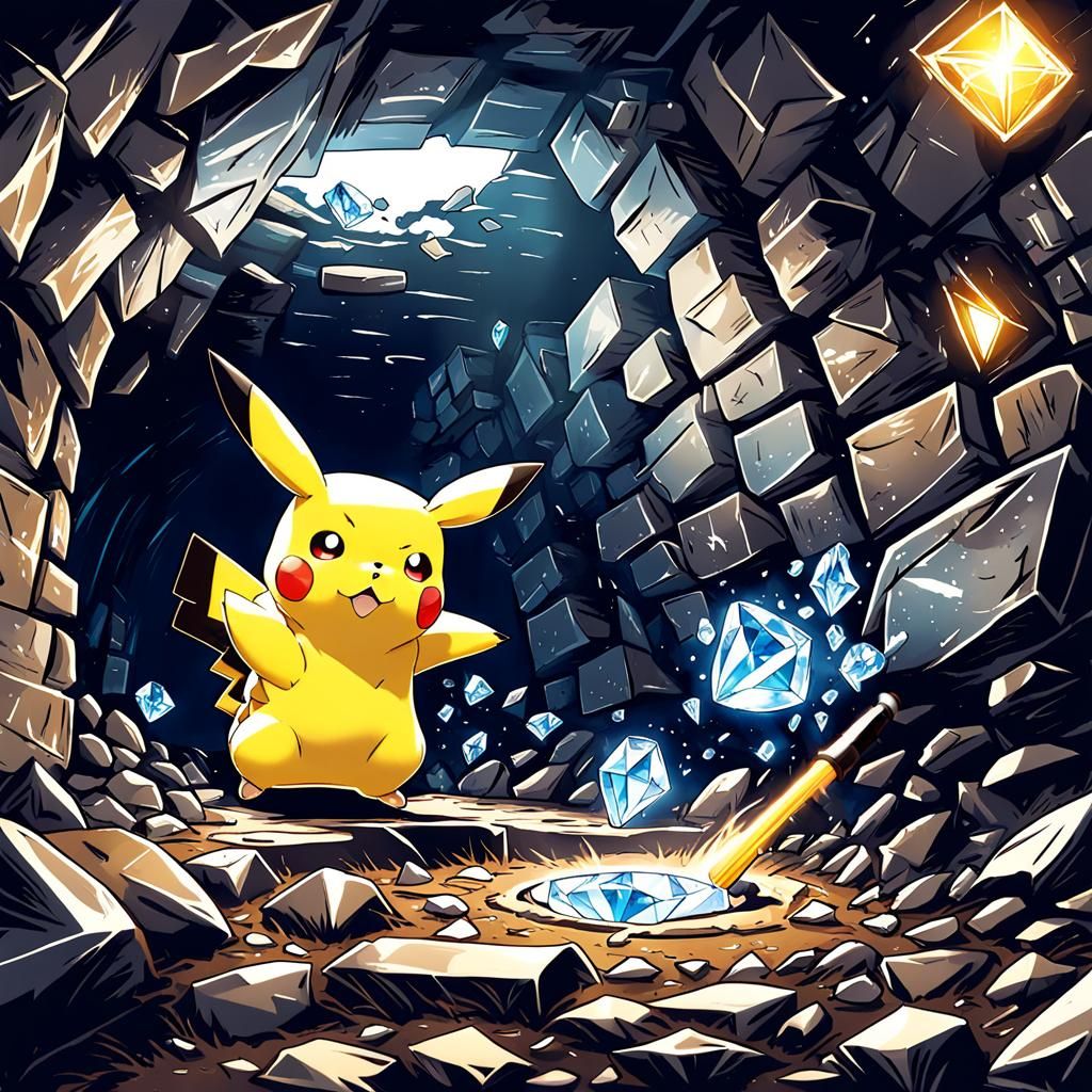 Pikachu as a Miner Finding a Diamond in Anime Style