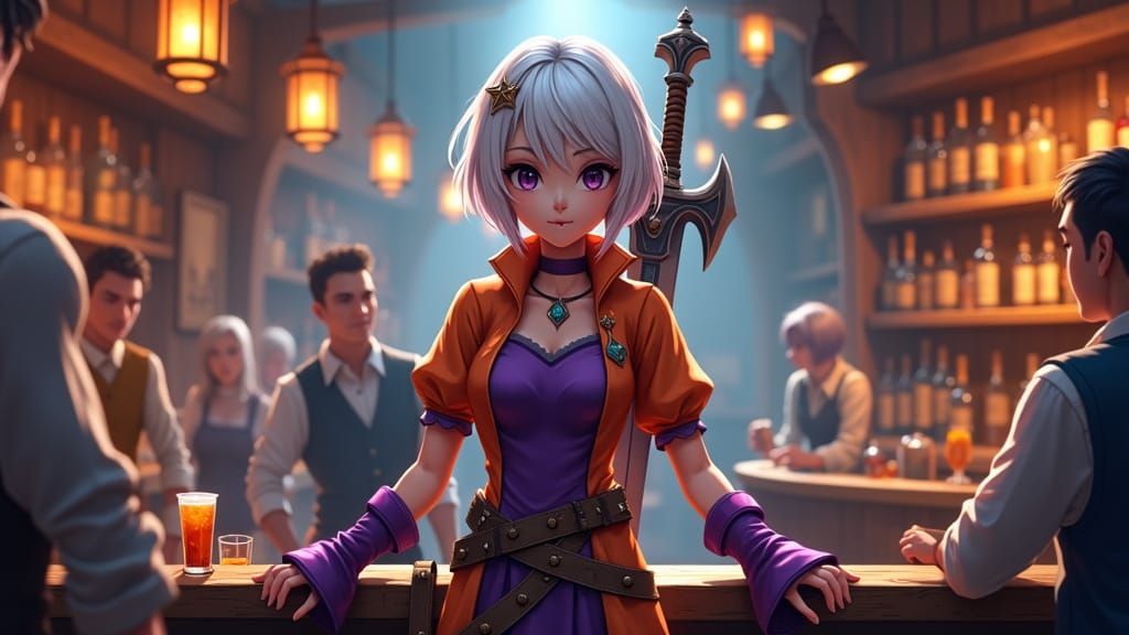 Tavern Keeper with Scimitar and Claymore in Vibrant Purple a...