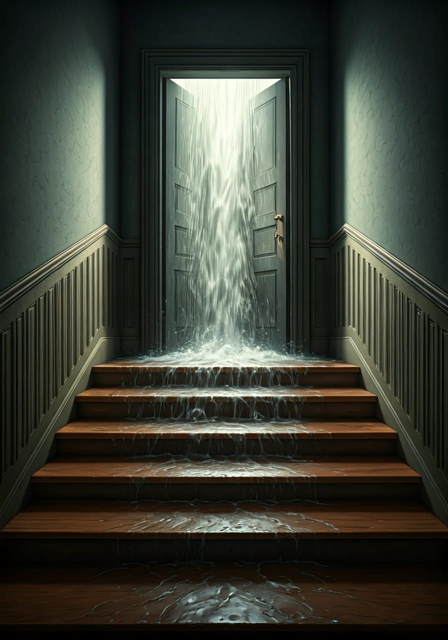 Flooded Bathroom Door Cascades Down Elegant Staircase