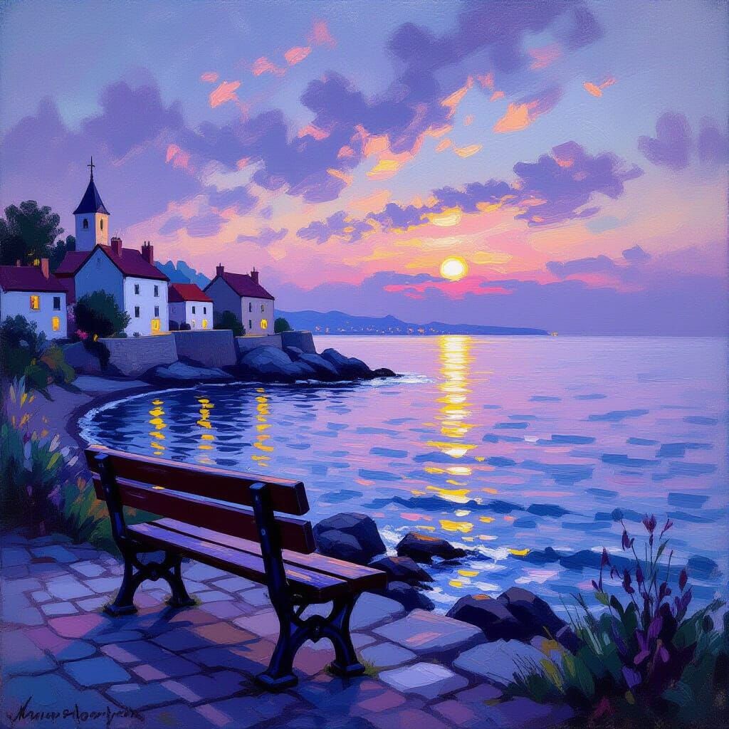 Seaside Village at Dusk: Impressionist Style