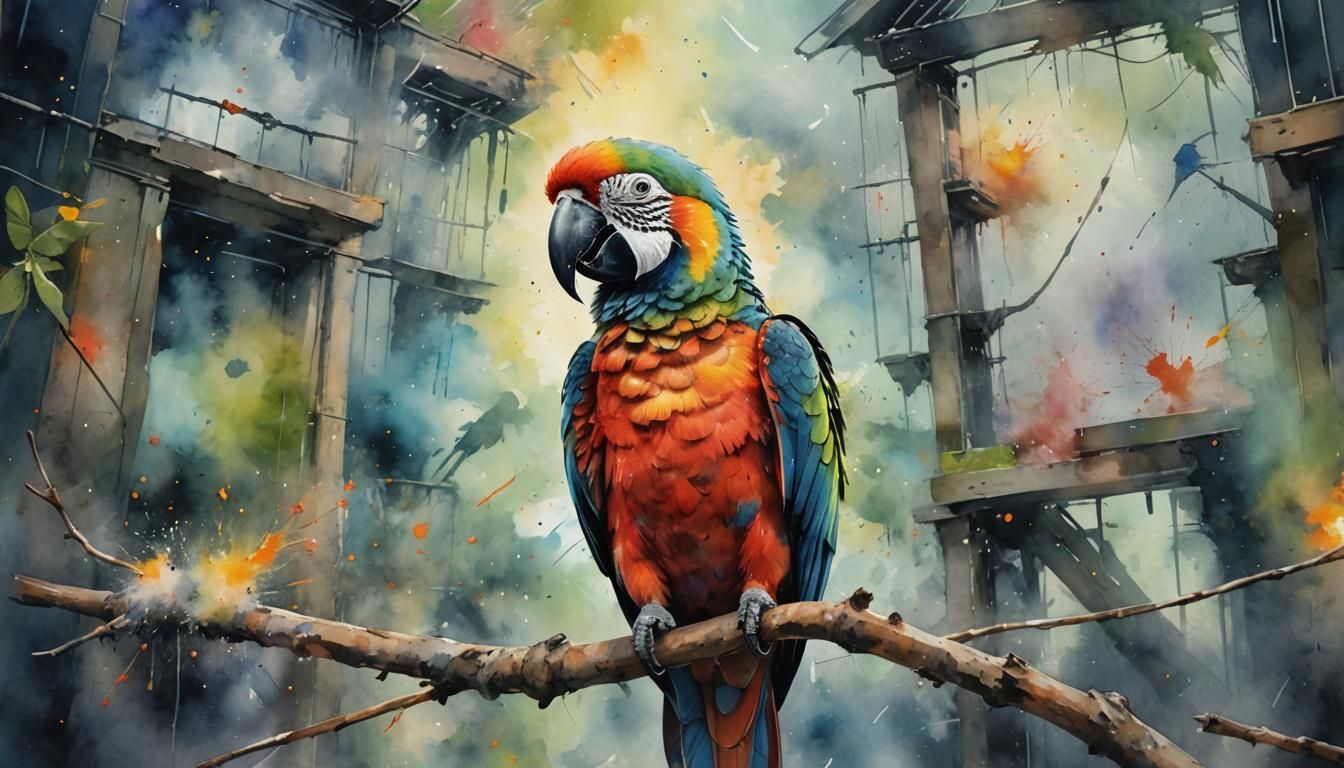 Gouache Parrot in a Cloudy Aviary