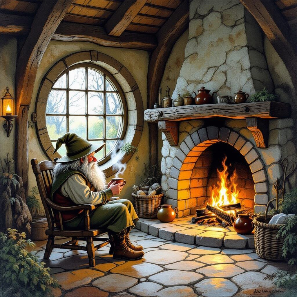 Rustic Hobbit Cabin in Whimsical Illustration Style