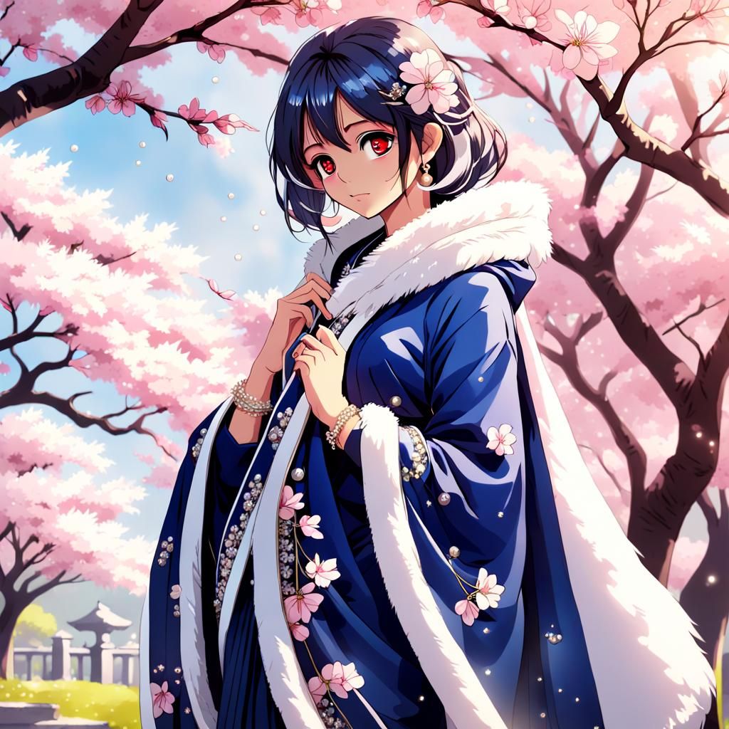 Anime Woman in Saree Under Cherry Blossoms