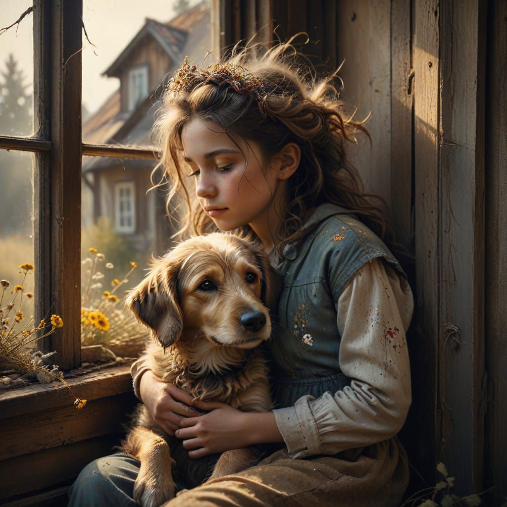 Girl and Dog in Oil Painting Style