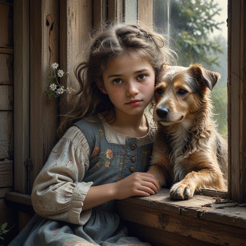 Girl and Dog: Whimsical Oil Painting in Muted Colors