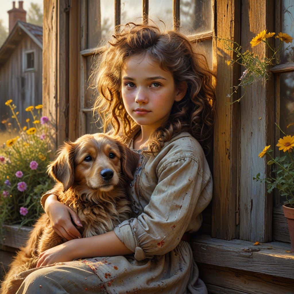 Whimsical Oil Painting: Girl and Dog at Window