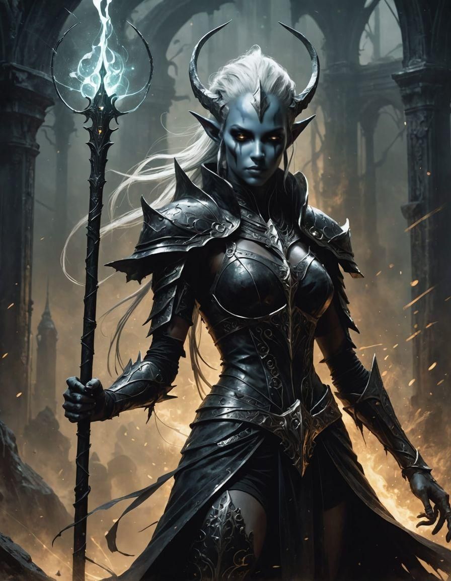 Dark Elf Mage with Magic Staff Splash Art