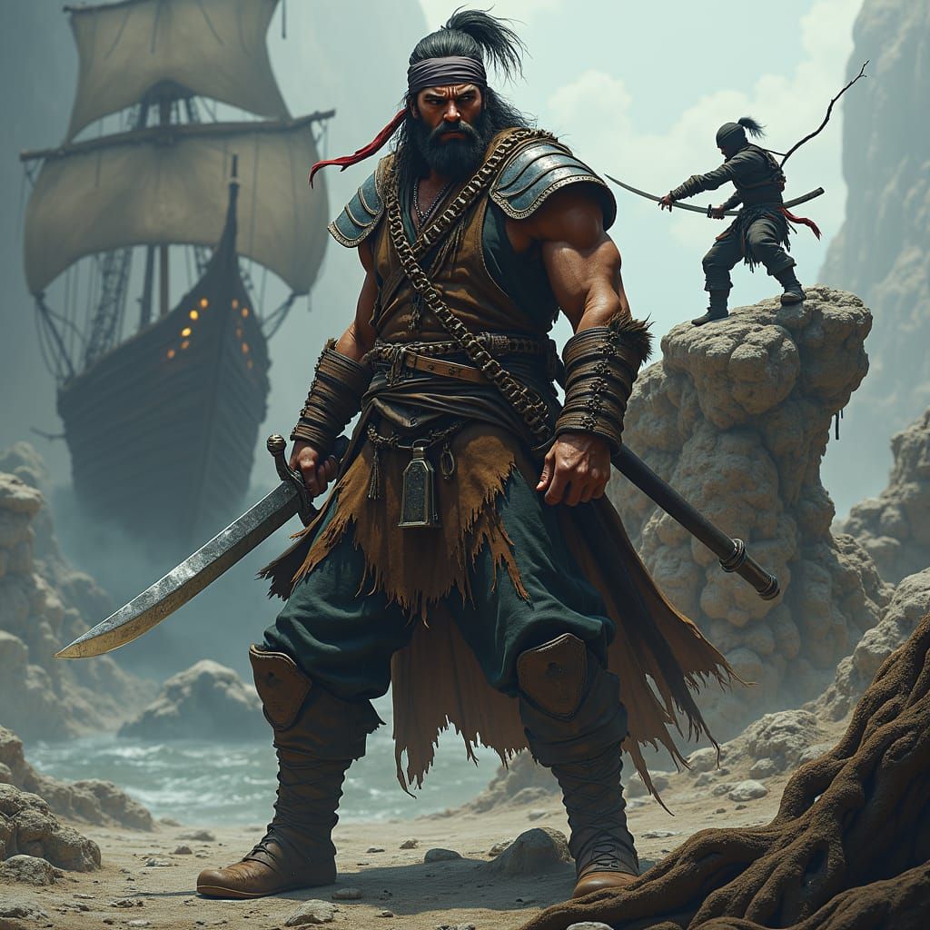 Pirate Warrior and Ninja in Dark Fantasy Scene
