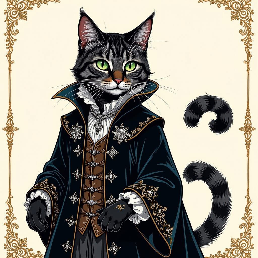 Anthropomorphic Cat Scholar in Alchemist's Coat