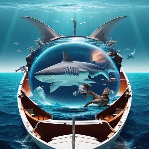 Shark Eats Cat in Boat: Astral Cosmic Illustration