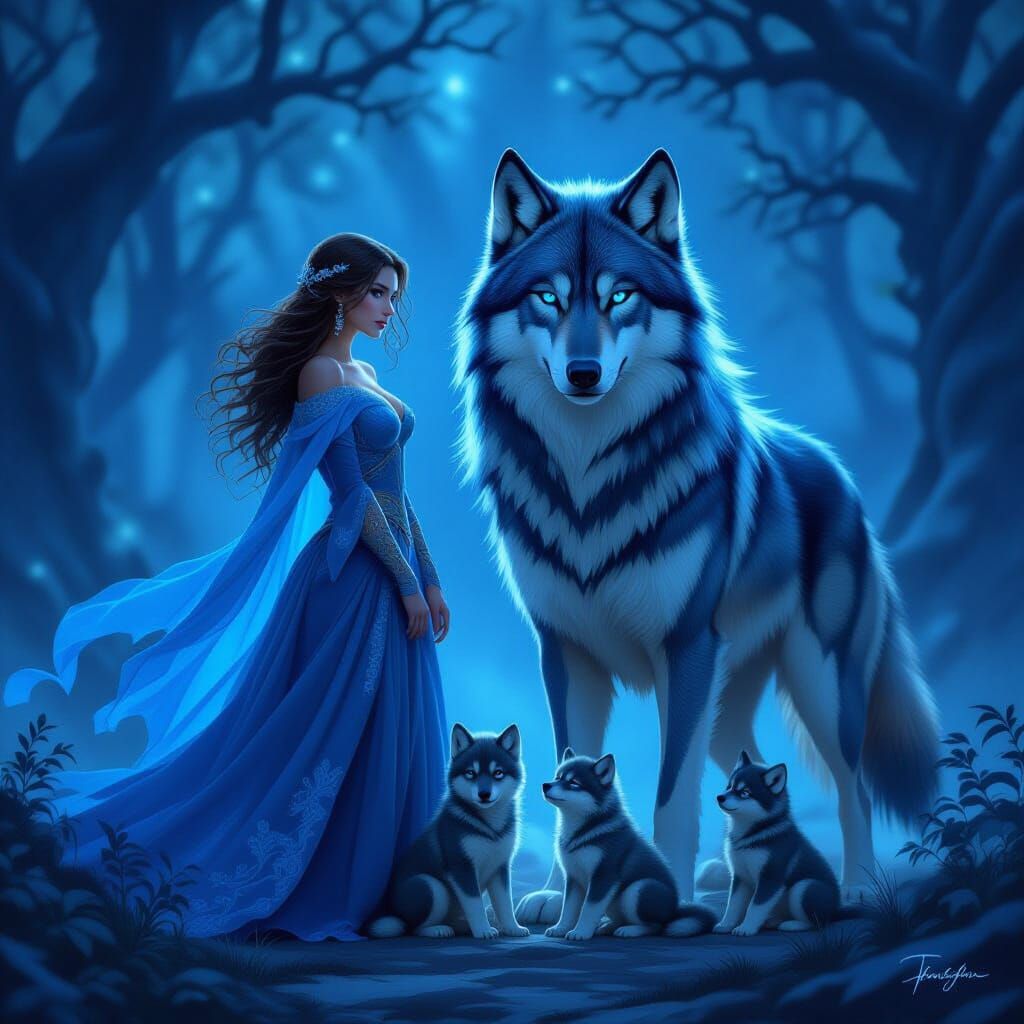 Female Warrior With Dire Wolf Family Blue Glow
