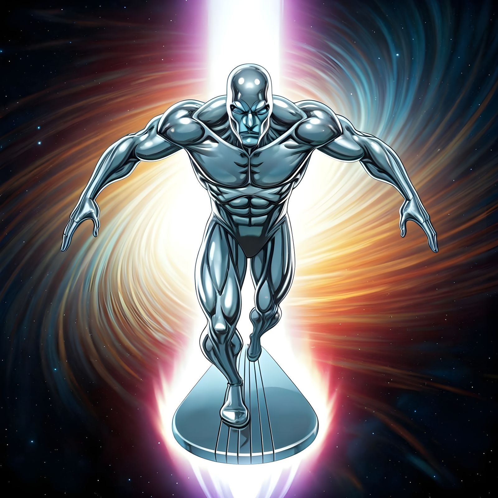 Silver Surfer Charging Through Cosmic Space in Stunning Chro...