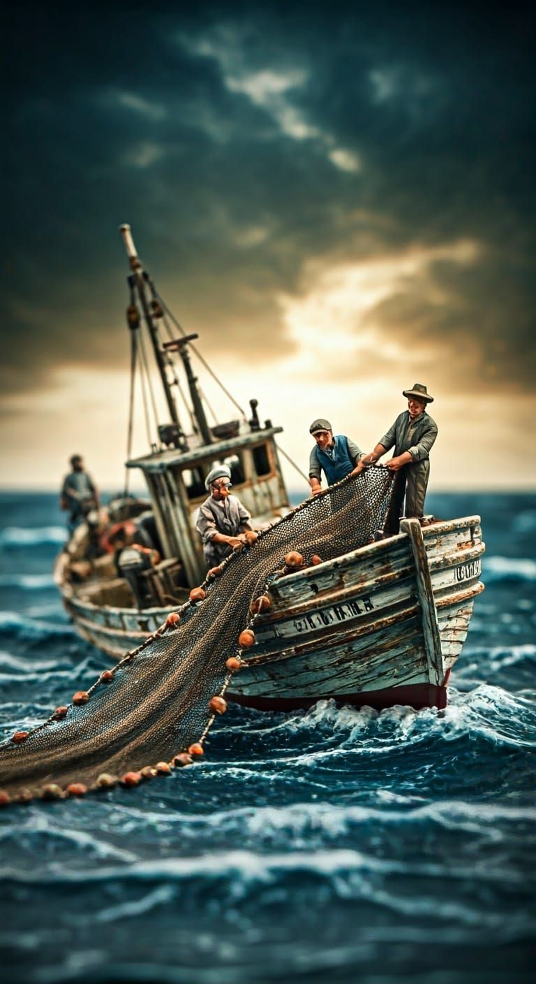 Miniature Italian Fishermen in Stormy Seas