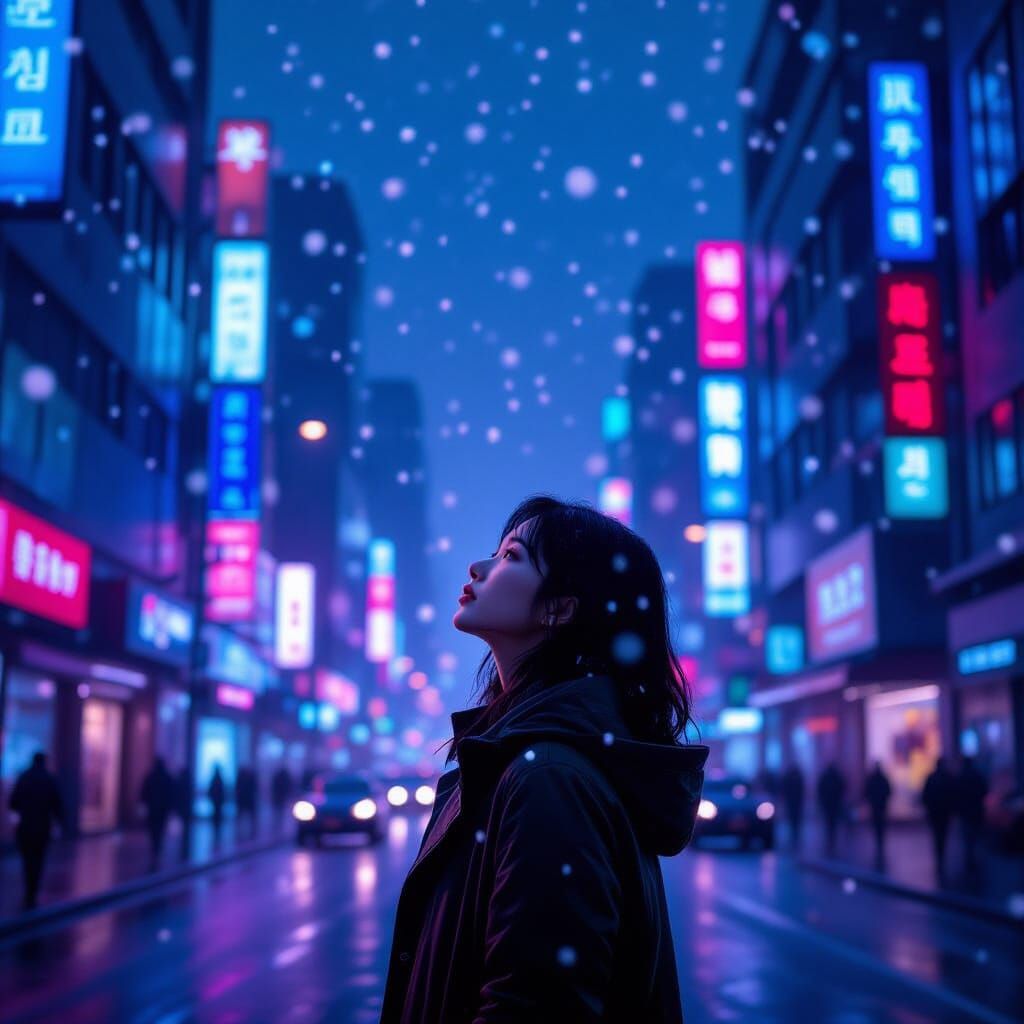 Korean Girl in Snowy Cyberpunk Cityscape