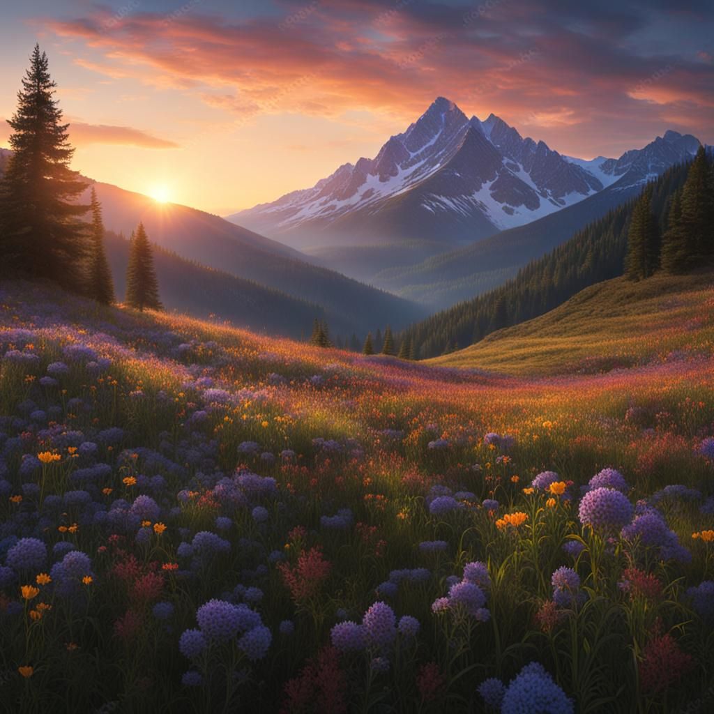 Mountain Sunrise Over Wildflower Meadow: 8K Concept Art