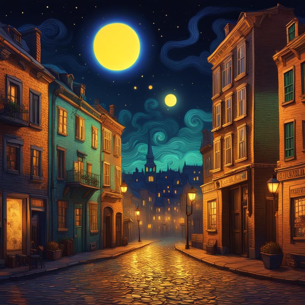 Night Cityscape in Van Gogh Style, 3D Digital Art