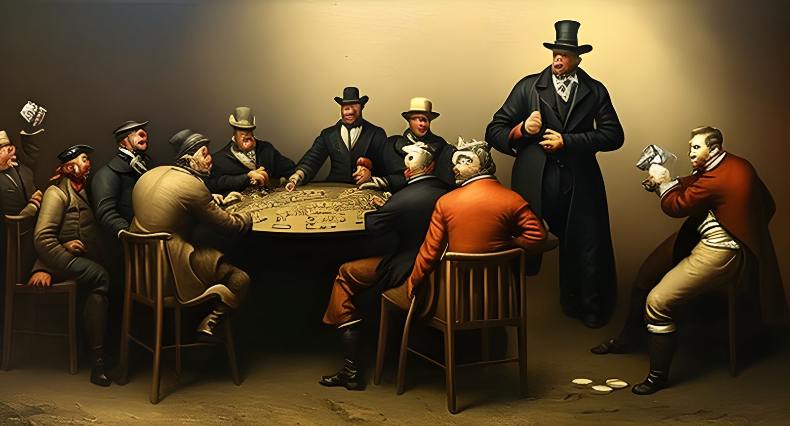 Sinister Pigs Play Poker in Davos, Oil Painting